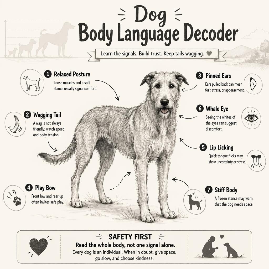 Monochrome sketchnote dog body language infographic with 7 labeled callouts, arrows, icons, and a safety note footer.