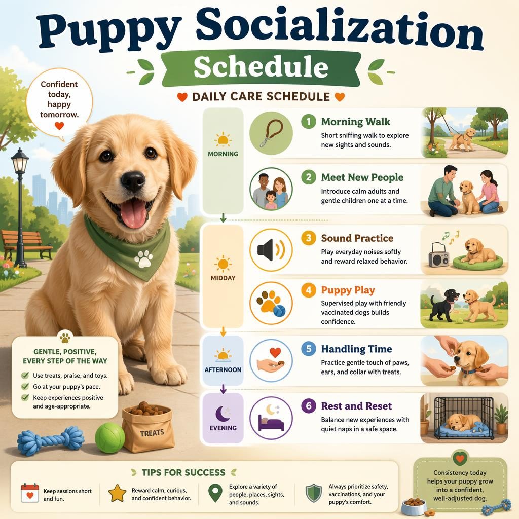 Infografika s veselým štěnětem a 6 kroky denní socializace, ikonami, šipkami a bloky ráno až večer.