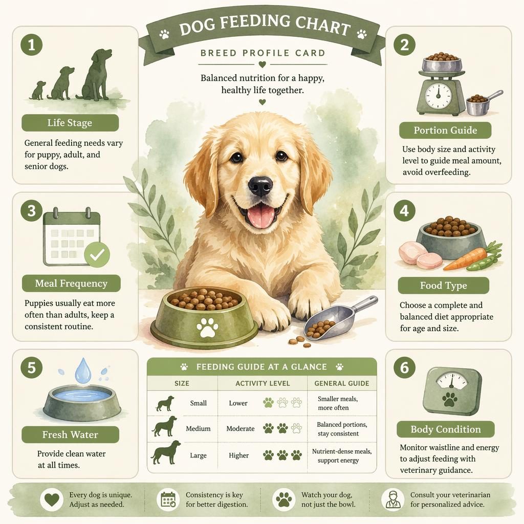 Dog breed profile infographic with watercolor dog portrait and 6 feeding callouts, icons, bowl, scoop, water dish, calendar.