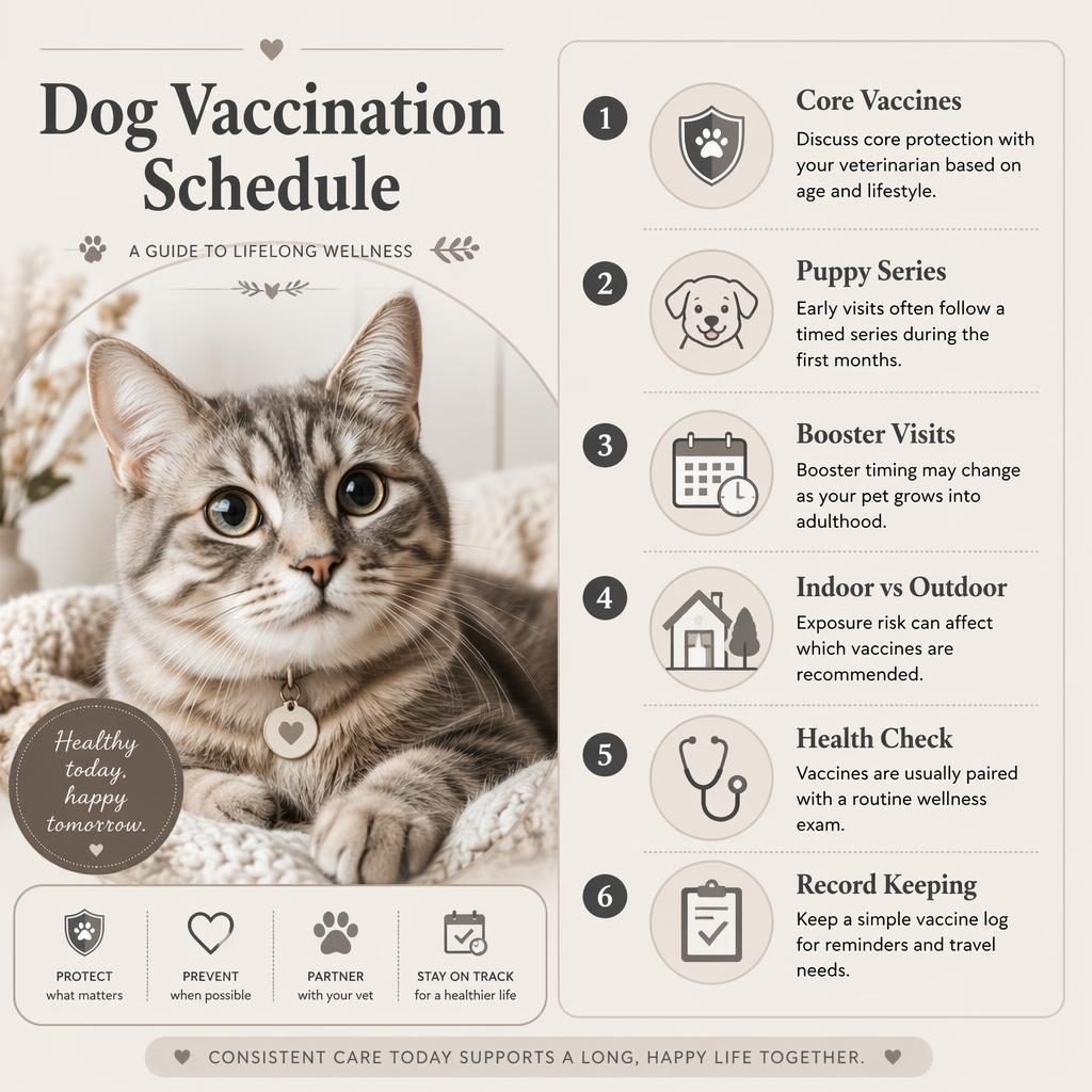 Editorial pet care infographic with cat portrait, chart panel, icons, and six wellness callouts in a monochrome palette.