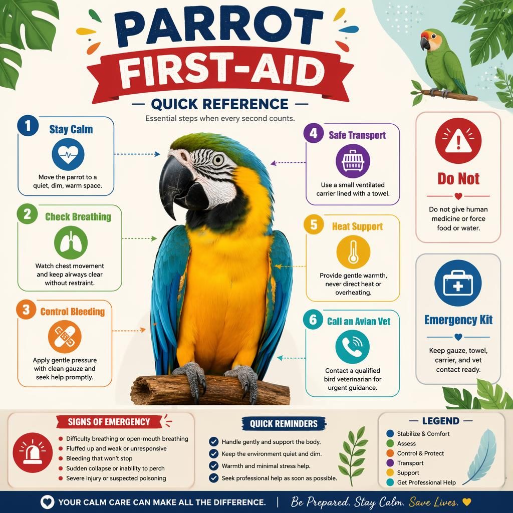 Infografika první pomoci pro papoušky s centrálním portrétem barevného papouška, 6 ikonickými tipy a bočními panely.