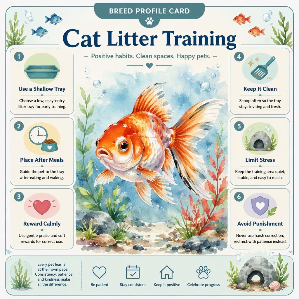 Pet care infographic titled Cat Litter Training with a watercolor aquarium fish portrait and 6 training callouts.