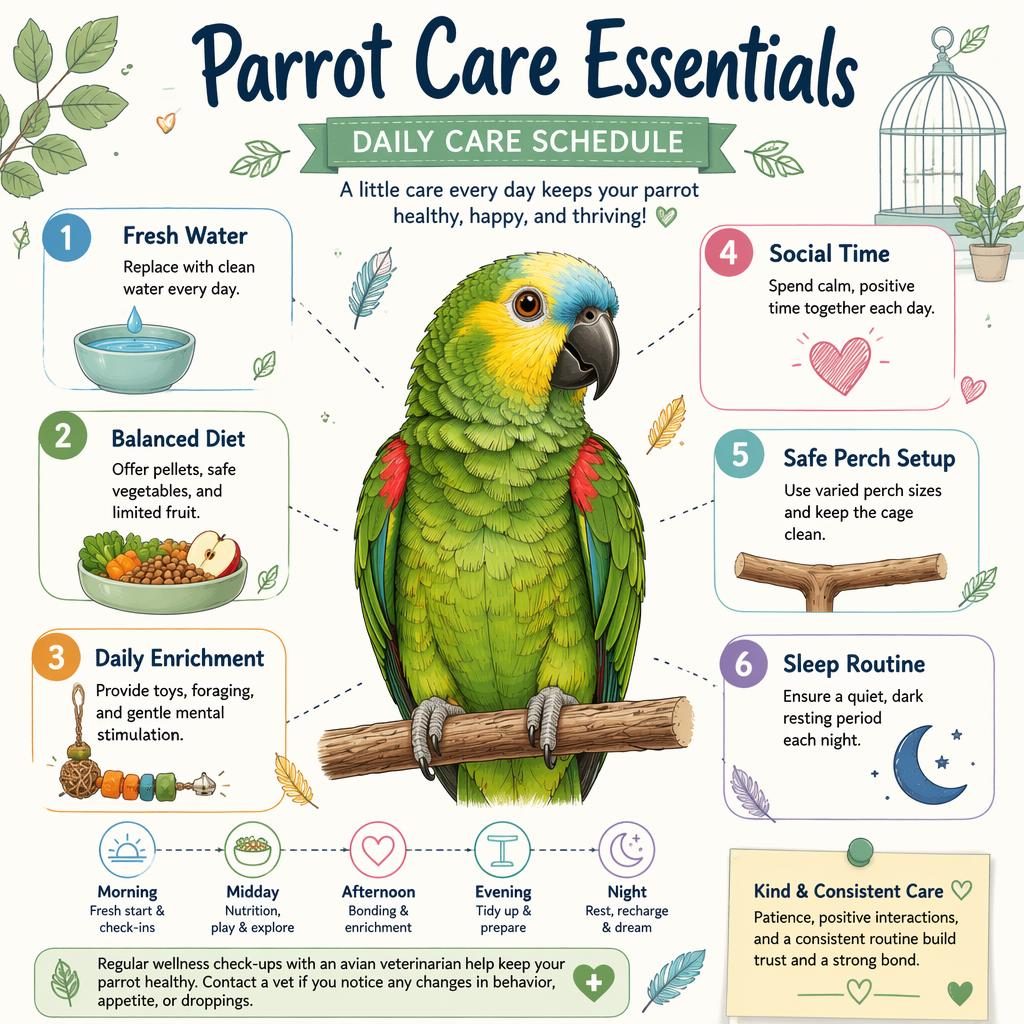 Pastel sketchnote infographic with a healthy parrot portrait and 6 labeled daily care callouts with icons.