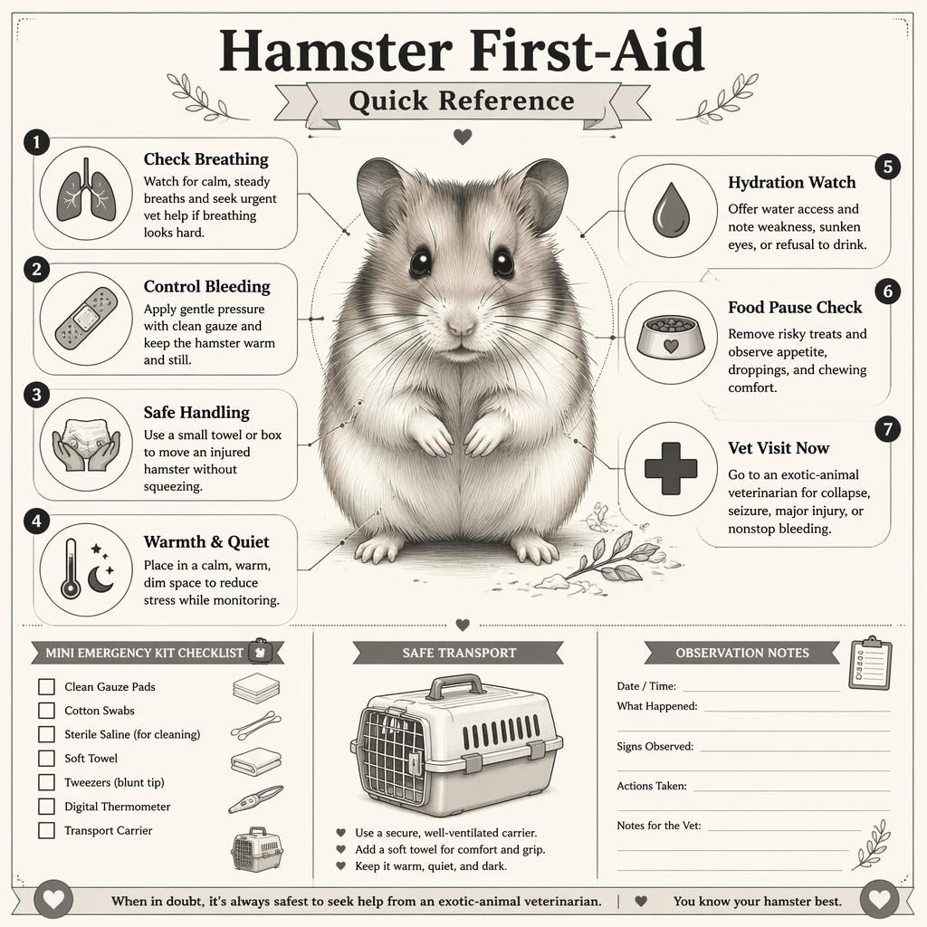 Monochrome pet care infographic with a centered hamster portrait, 7 first-aid callouts, icons, and sidebar checklist panels.