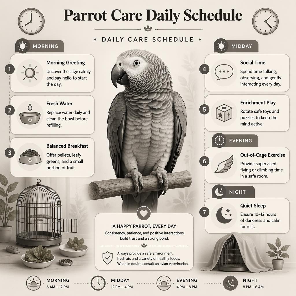 Monochromatická infografika s papouškem uprostřed a 7 denními kroky péče, ikonami, hodinami a sekcemi ráno–večer.