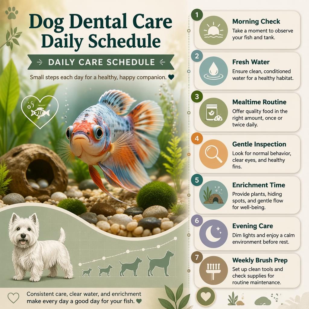 Pet care infographic with a friendly aquarium fish in a planted tank and daily care schedule callouts for wellness tips.