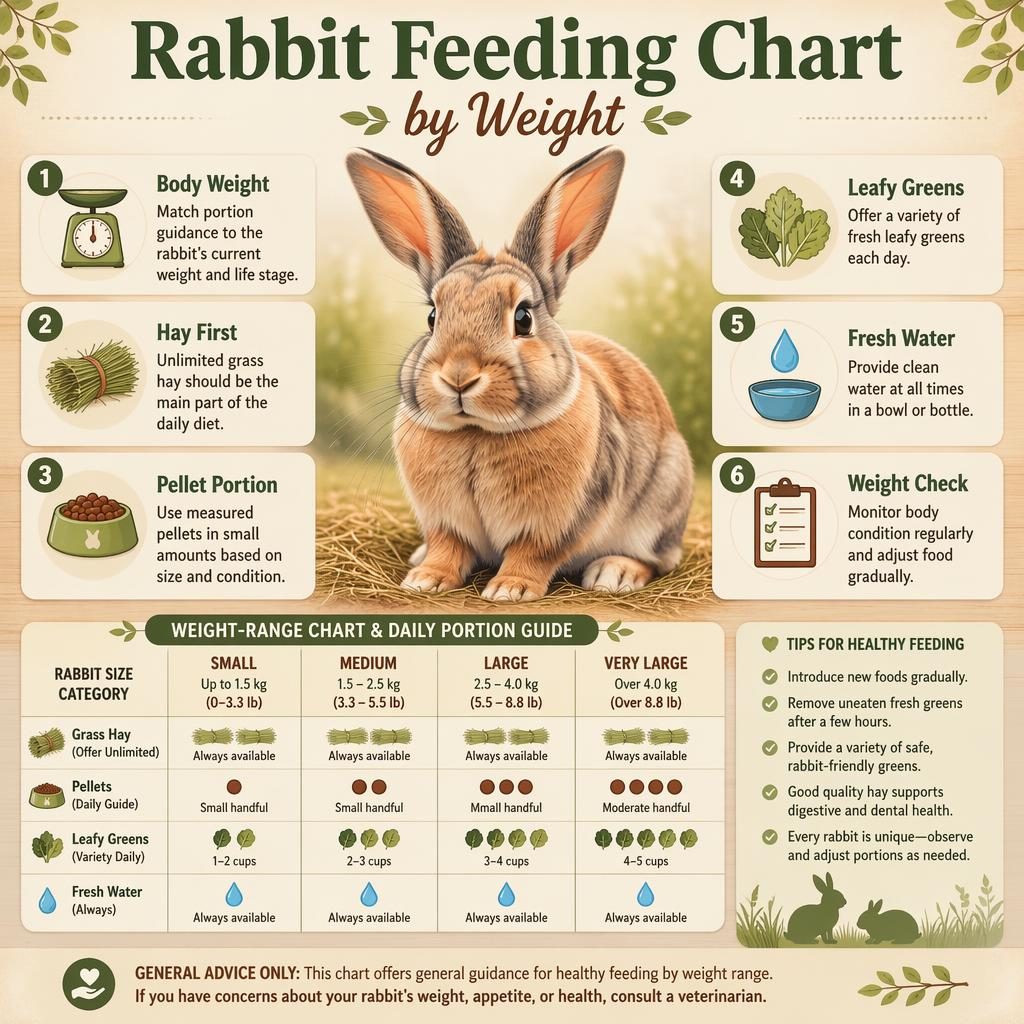 Editorial pet infographic with a centered healthy rabbit, 6 feeding callouts, icons, and a simple weight-range chart.