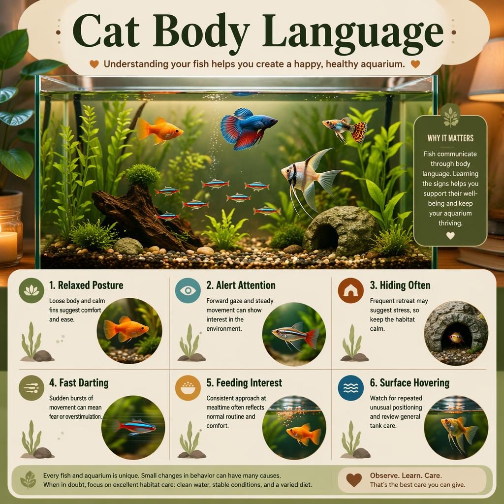 Editorial pet care infographic with a home aquarium hero image, 6 labeled fish behavior callouts, warm cozy panels.