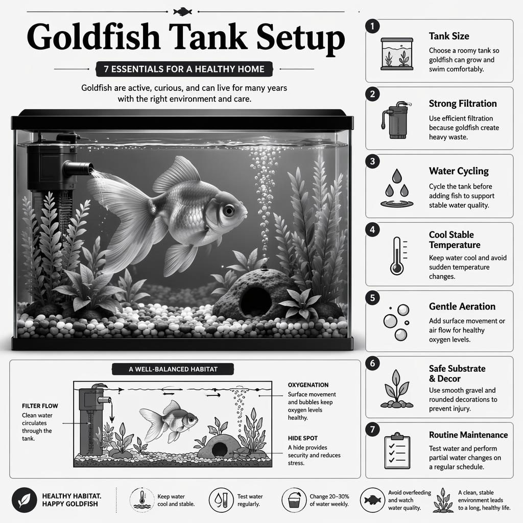 Monochrome editorial infographic of a goldfish tank setup with 7 labeled care callouts, icons, plants, and filter flow.