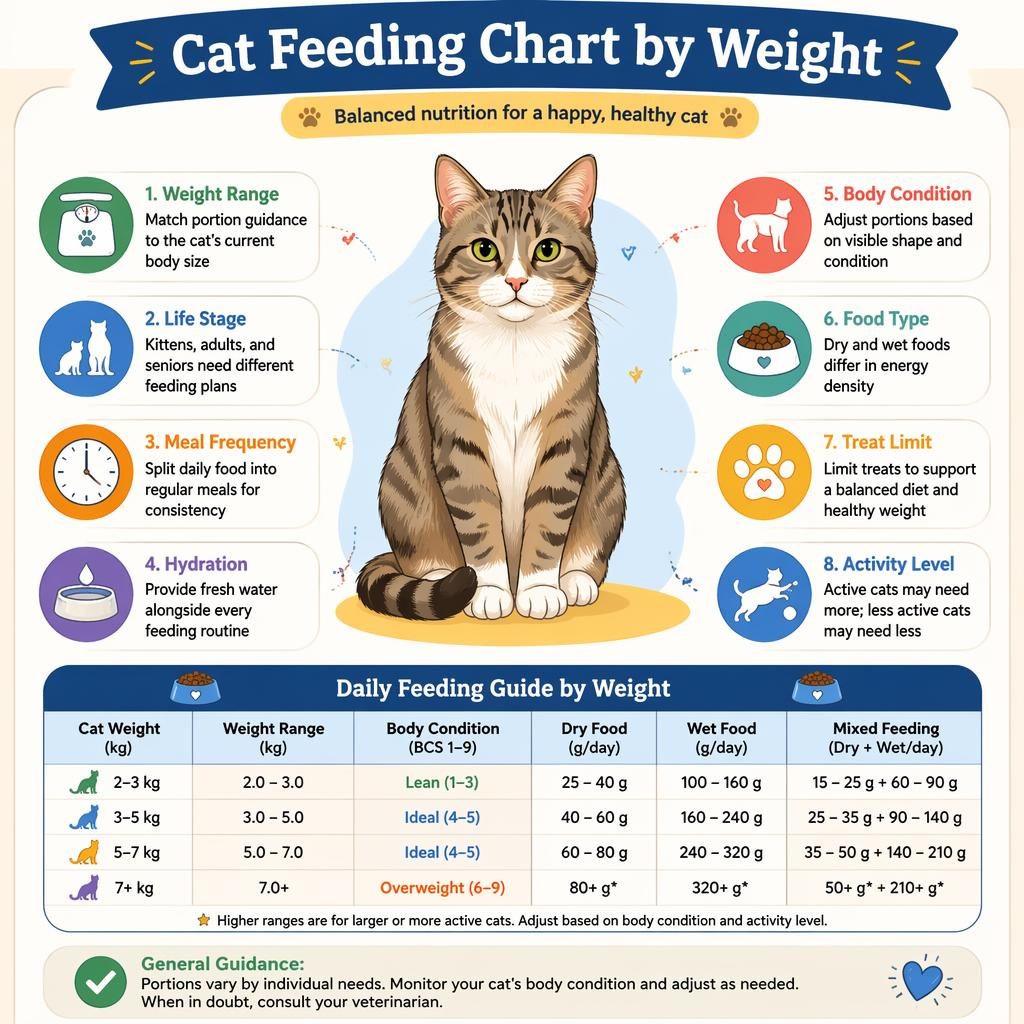 Flat pet care infographic showing a centered cat, feeding chart panel, and labeled nutrition callouts with simple icons.