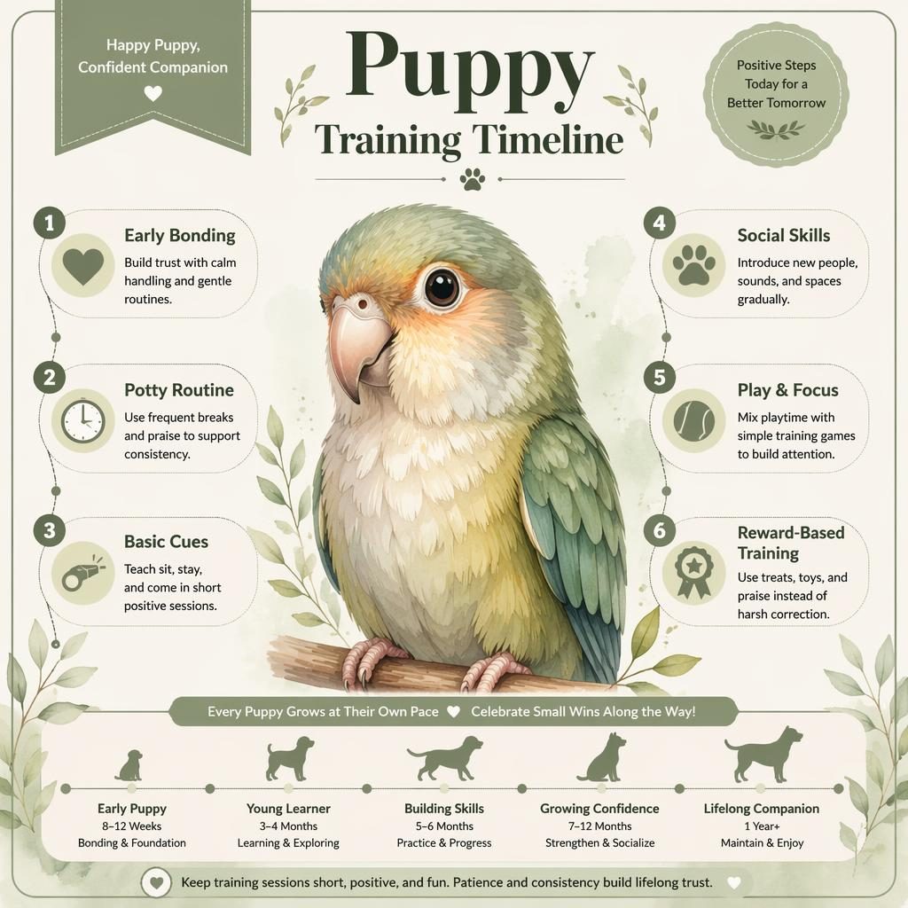 Watercolor pet care infographic with a bird portrait hero, sage and cream palette, and 6 training callouts with small icons.
