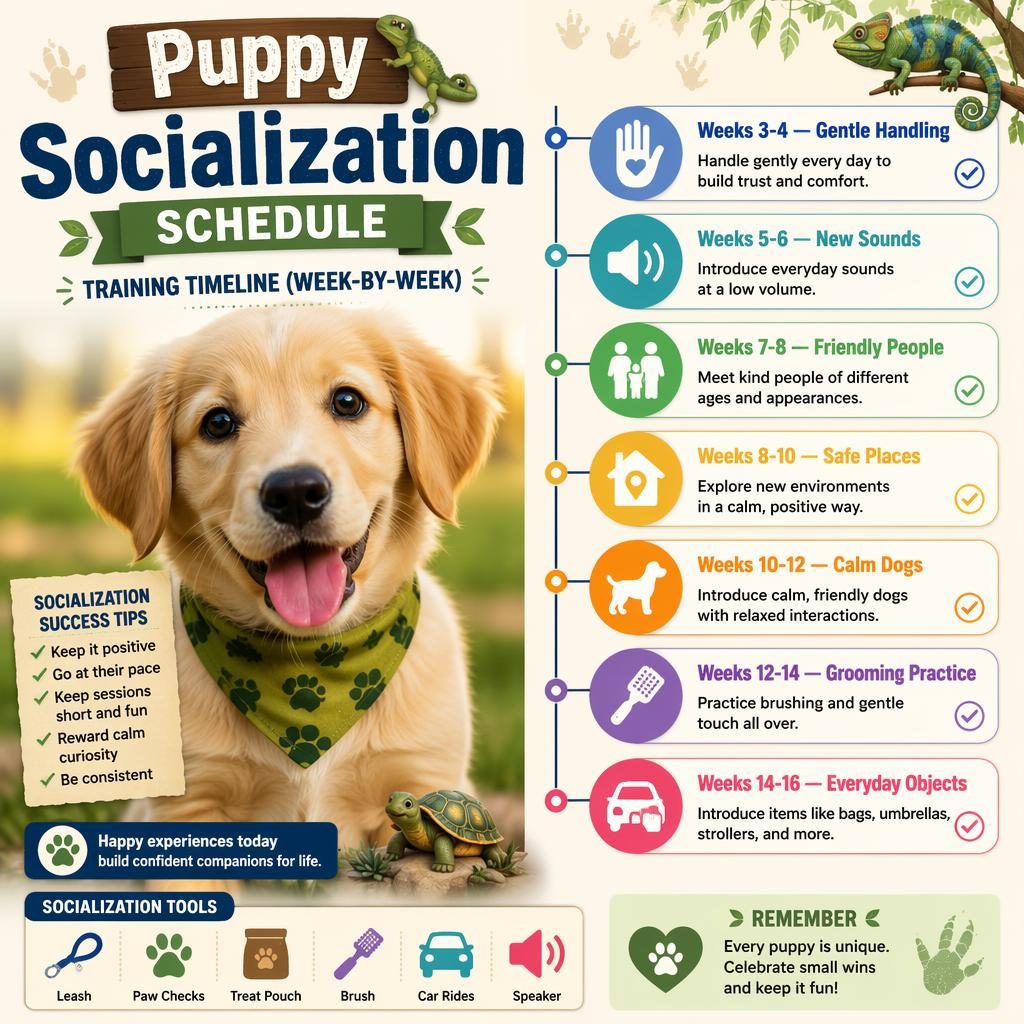 Pet care infographic with a young puppy portrait, week-by-week socialization timeline, icons, checklists, and reptile accents.