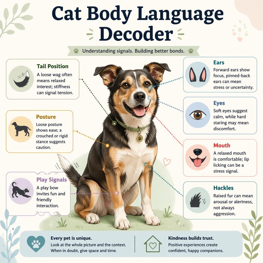 Pastel flat pet care infographic with a friendly dog portrait and labeled body language callouts around the body.
