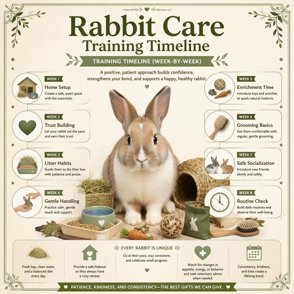 Rabbit care training timeline infographic with centered rabbit portrait, 8 weekly care milestones, icons, and sage cream layout