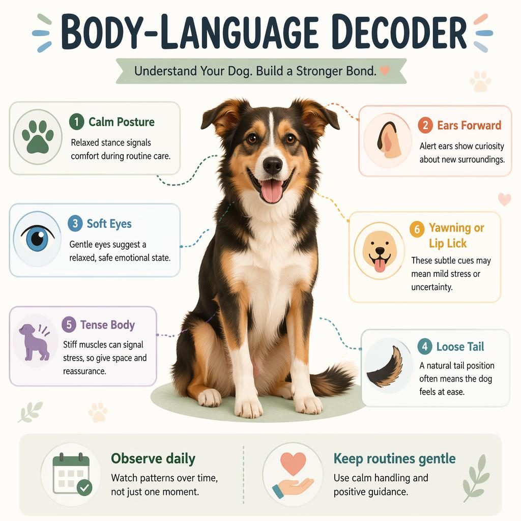 Pastel pet care infographic with a friendly dog portrait, 6 body-language callouts, icons, and 2 care reminders.
