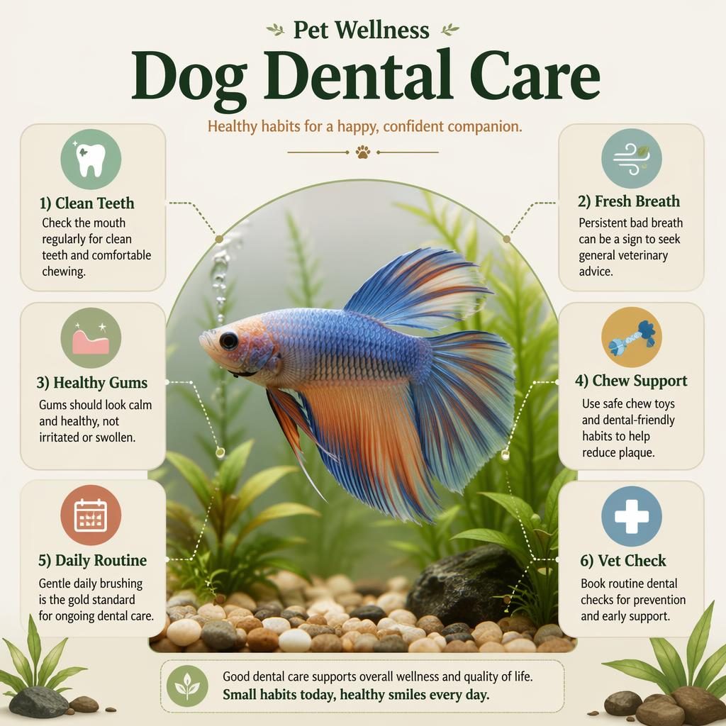 Minimal pet dental care infographic showing a healthy aquarium fish with 6 wellness callouts and small care icons.