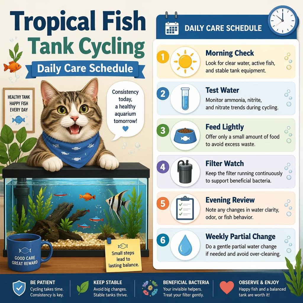 Pet care infographic with a friendly cat portrait and six daily fish tank cycling care callouts with icons and aquarium motifs.