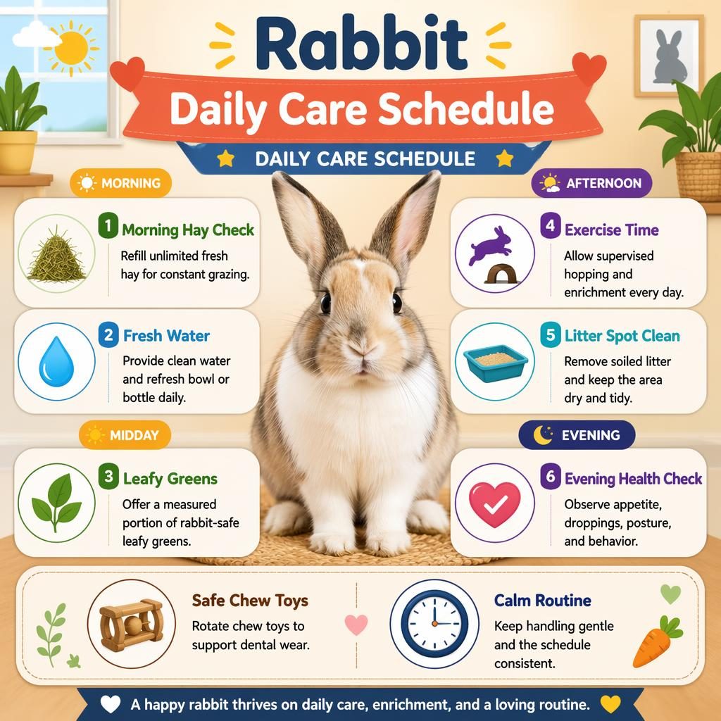 Editorial pet care infographic showing a centered rabbit with 6 daily care callouts and 2 bottom mini-panels in English.