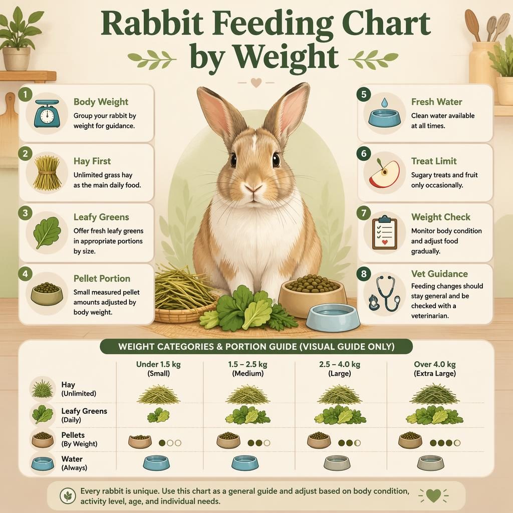 Minimal pet care infographic with a centered rabbit, 8 nutrition callouts, and a visual weight comparison chart panel.