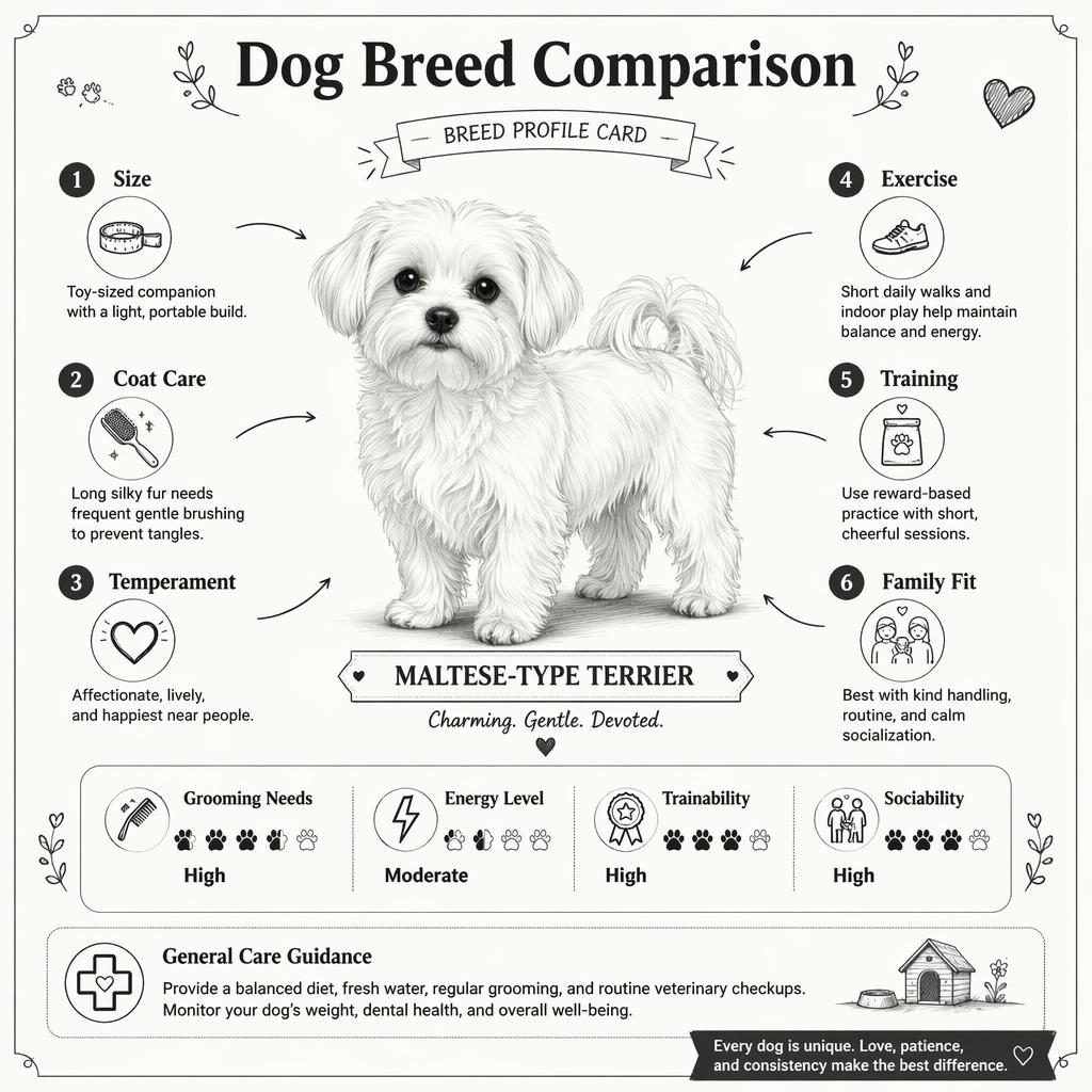 Černobílá infografika se středovým portrétem malého bílého psa typu maltézský teriér a 6 anglickými popisky.