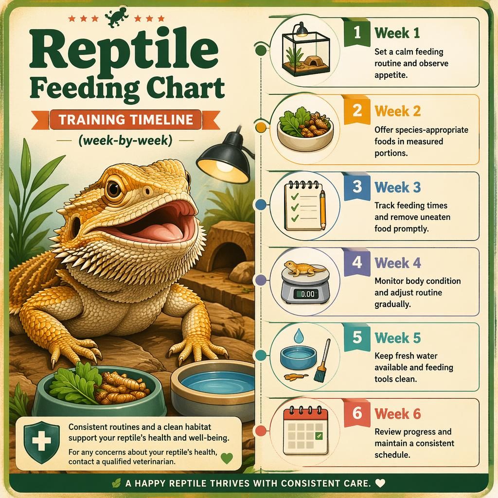 Vintage-style pet care infographic showing a friendly reptile portrait and a 6-week feeding chart with icons and callouts.