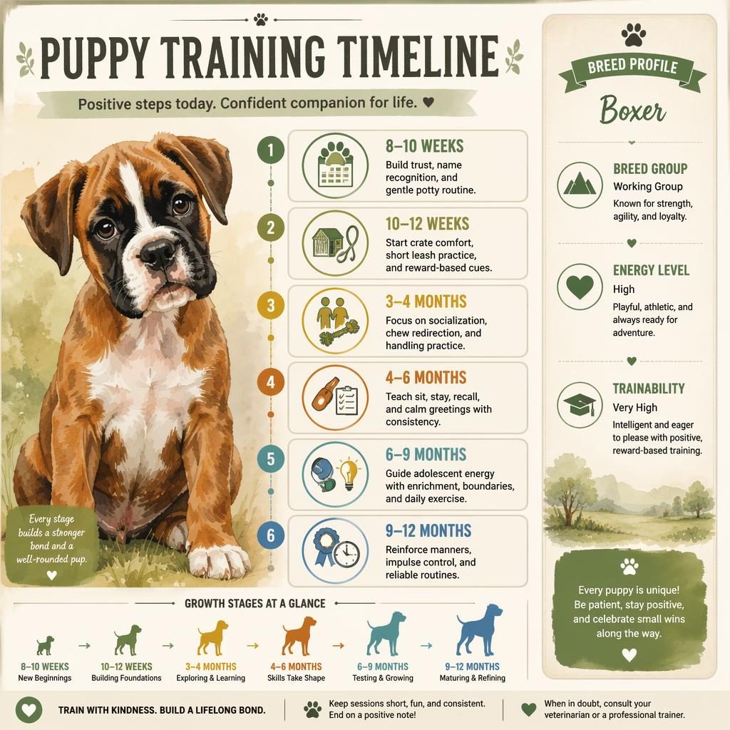 Pet care infographic with a watercolor Boxer puppy portrait, 6 training timeline callouts, growth accents, and profile facts.