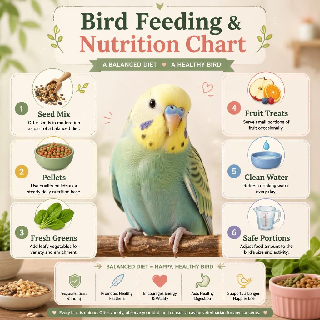 Pastel pet care infographic with a centered friendly bird and 6 nutrition callouts for seeds, pellets, greens, fruit, water, and portions.
