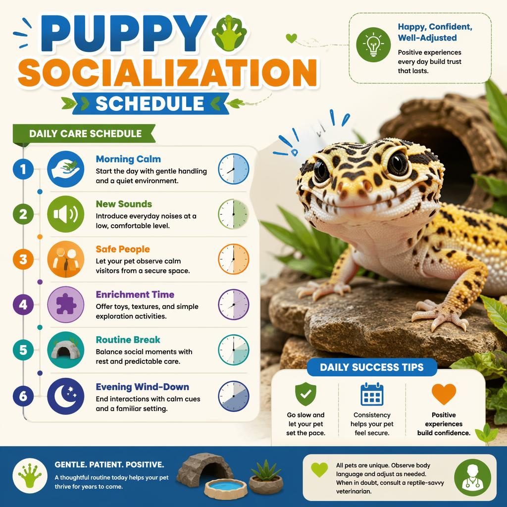 Editorial pet care infographic with a friendly reptile portrait, six-step daily timeline, icons, habitat items, and arrows.