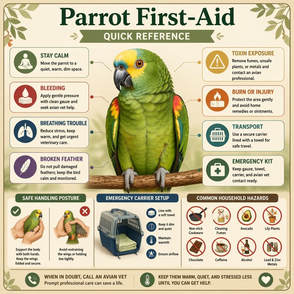 Editorial parrot first-aid infographic with central healthy parrot, emergency callouts, small icons, and support panels.