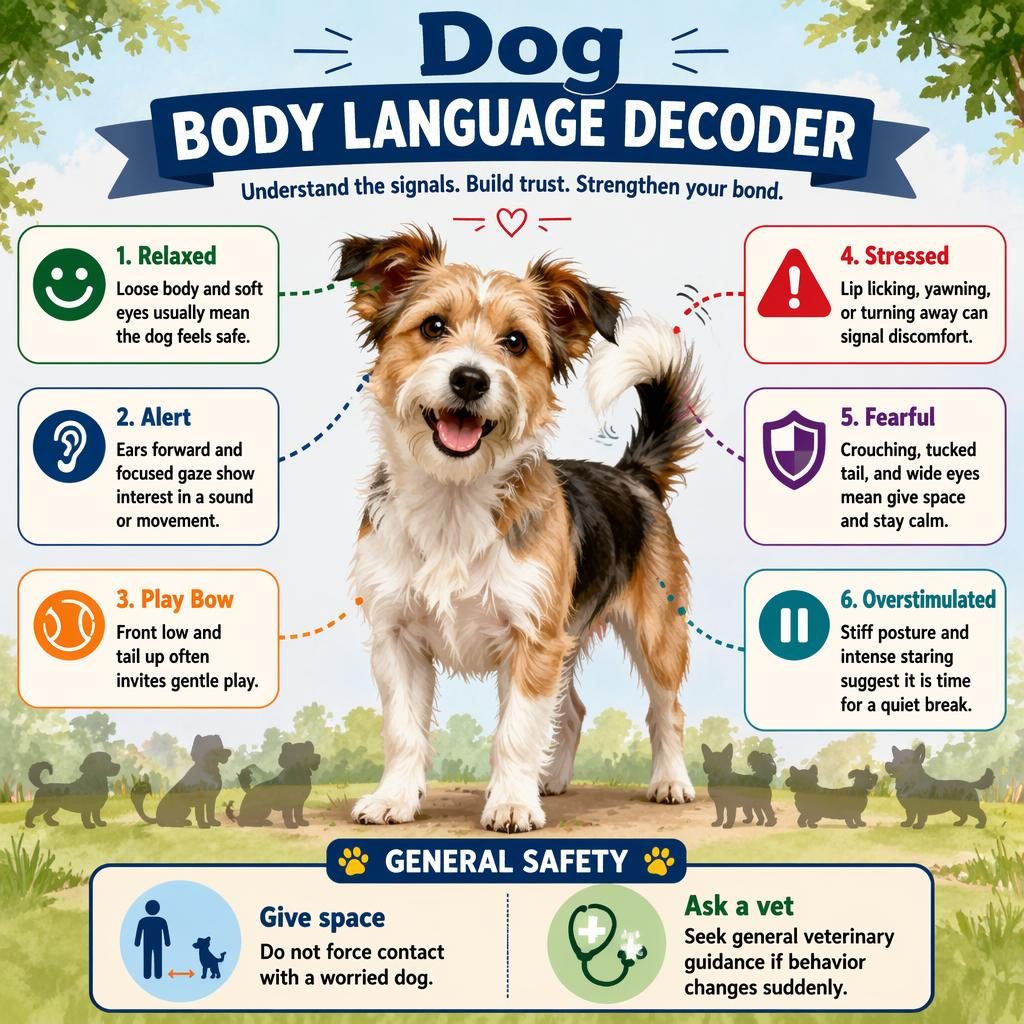 Pet care infographic showing a small dog with 6 body language callouts and a small dog breeds chart silhouette lineup.