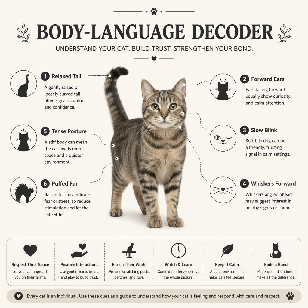 Minimal monochrome pet infographic with a centered cat portrait and 6 body-language callouts with icons and English tips.