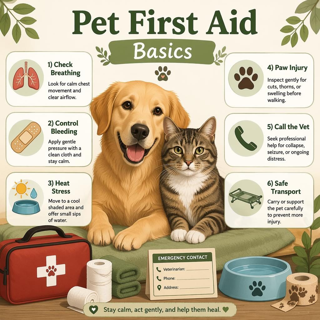 Editorial pet first aid infographic with a dog and cat, 6 labeled care callouts, icons, and a warm minimal layout.