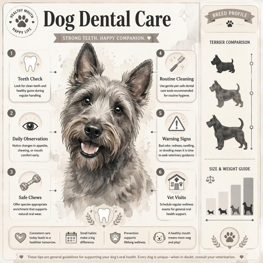 Pet care infographic with a watercolor reptile portrait, 6 dental care callouts, and a side panel showing a west highland terrier weight chart.