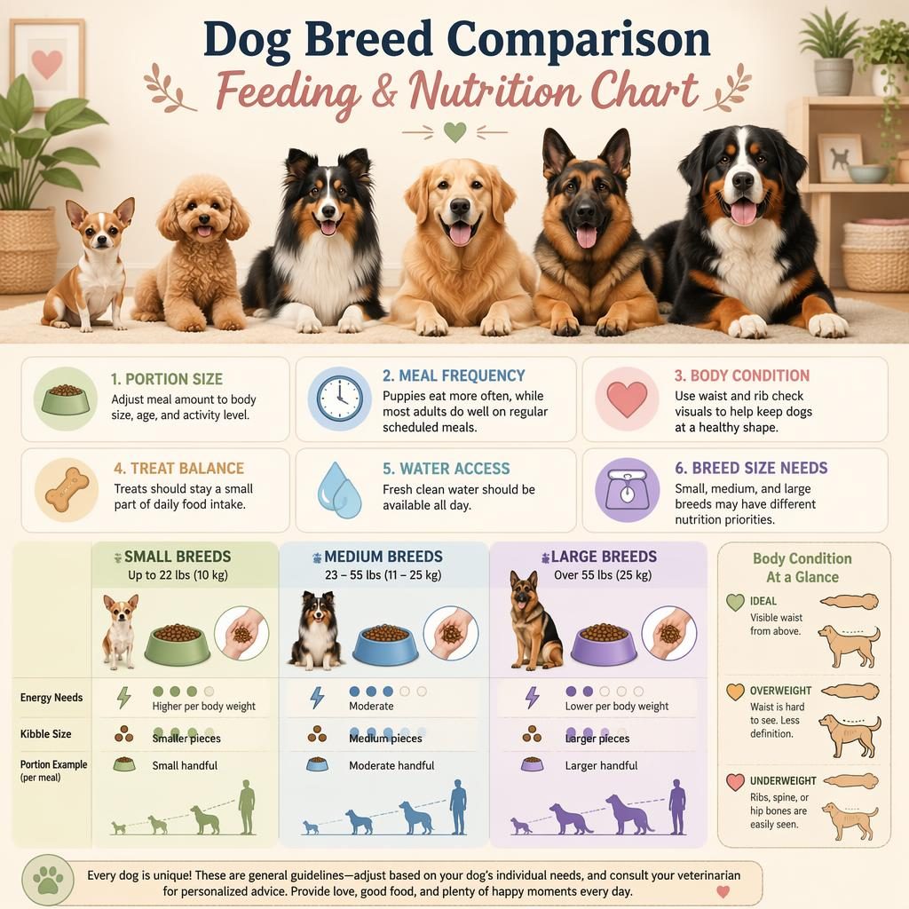 Pastel dog feeding infographic with small, medium, and large breed comparisons, 6 care callouts, bowls, icons, and sizing silhouettes.