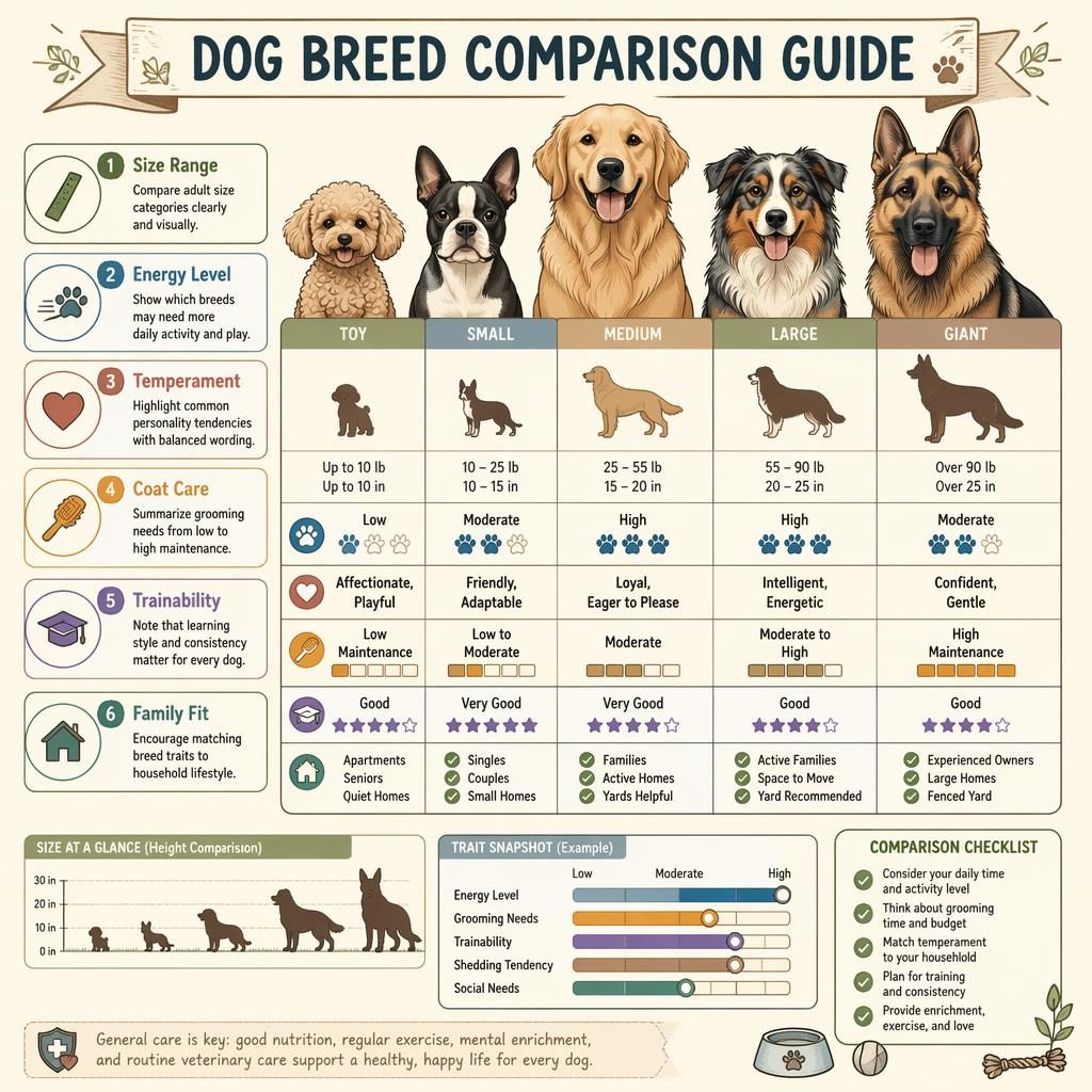 Pet care infographic titled Dog Breed Comparison Guide with fish aquarium hero scene, 6 labeled comparison callouts and trait bars.