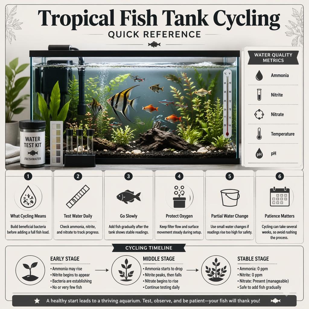 Monochrome pet care infographic showing a tropical fish tank cycling quick reference with aquarium scene, 6 callouts, legend, and timeline.
