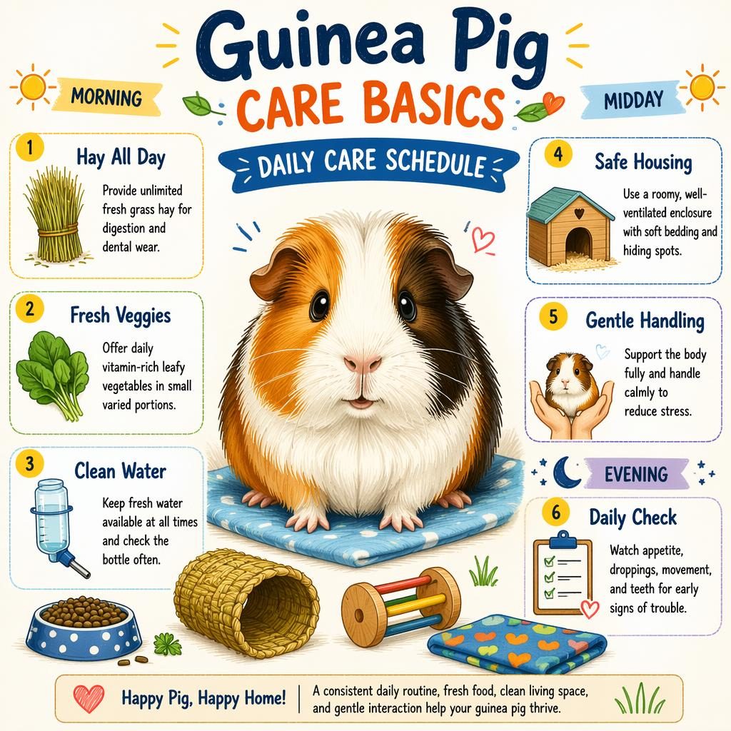Sketchnote guinea pig care infographic with a centered guinea pig and 6 labeled callouts, icons, and daily schedule cues.