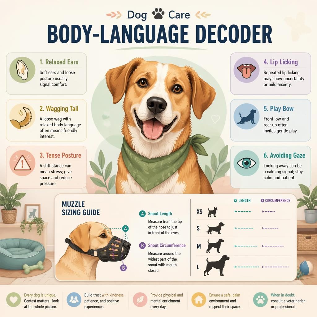 Editorial dog care infographic with a centered friendly dog, 6 body-language callouts, icons, and a muzzle sizing chart motif.