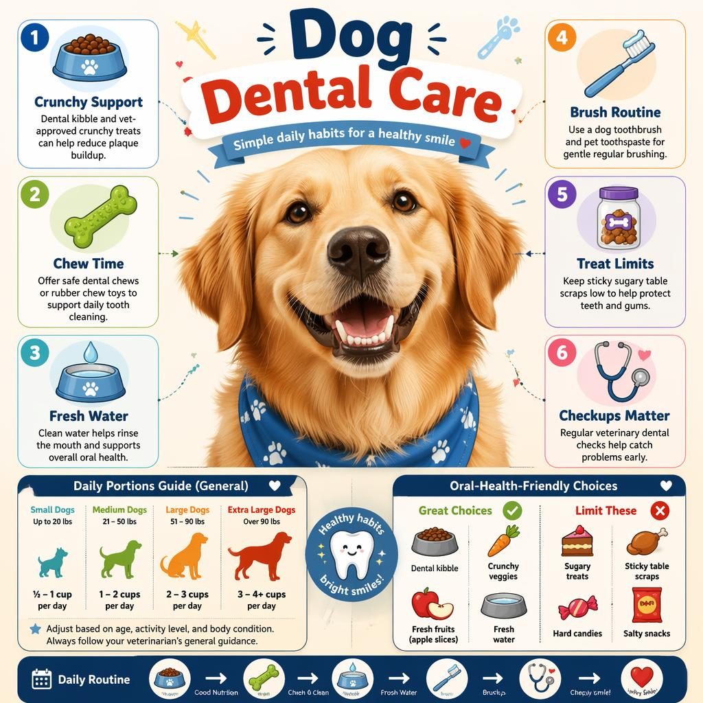 Pet care infographic with a smiling dog portrait and 6 dental care callouts, icons, chart blocks, and a playful primary palette.