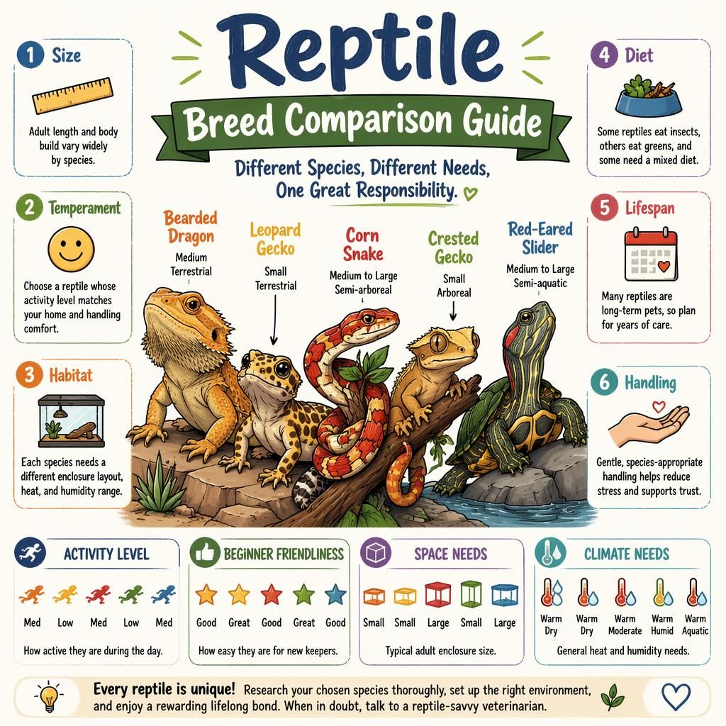 Sketchnote pet care infographic comparing bearded dragon, leopard gecko, corn snake, crested gecko, and slider.