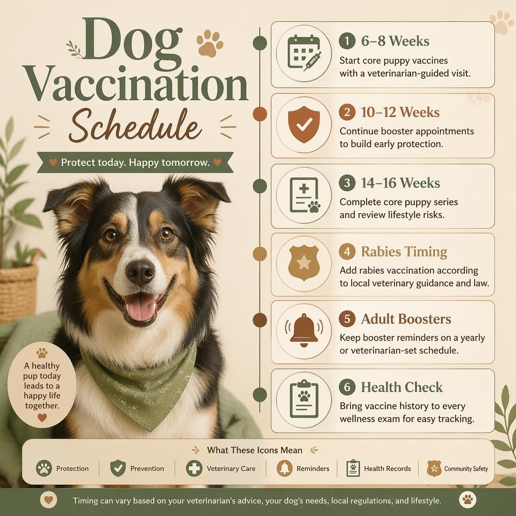 Dog vaccination schedule infographic with friendly dog portrait, 6 timeline callouts, icons, paw accents, and warm neutral chart layout.