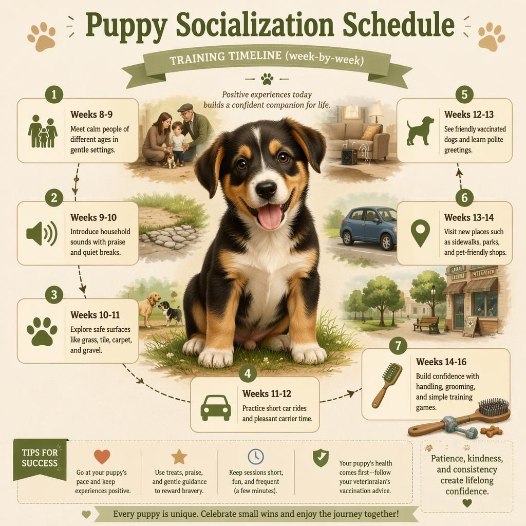 Vintage-style pet care infographic with a central puppy portrait and 7-step weekly socialization timeline with icons.