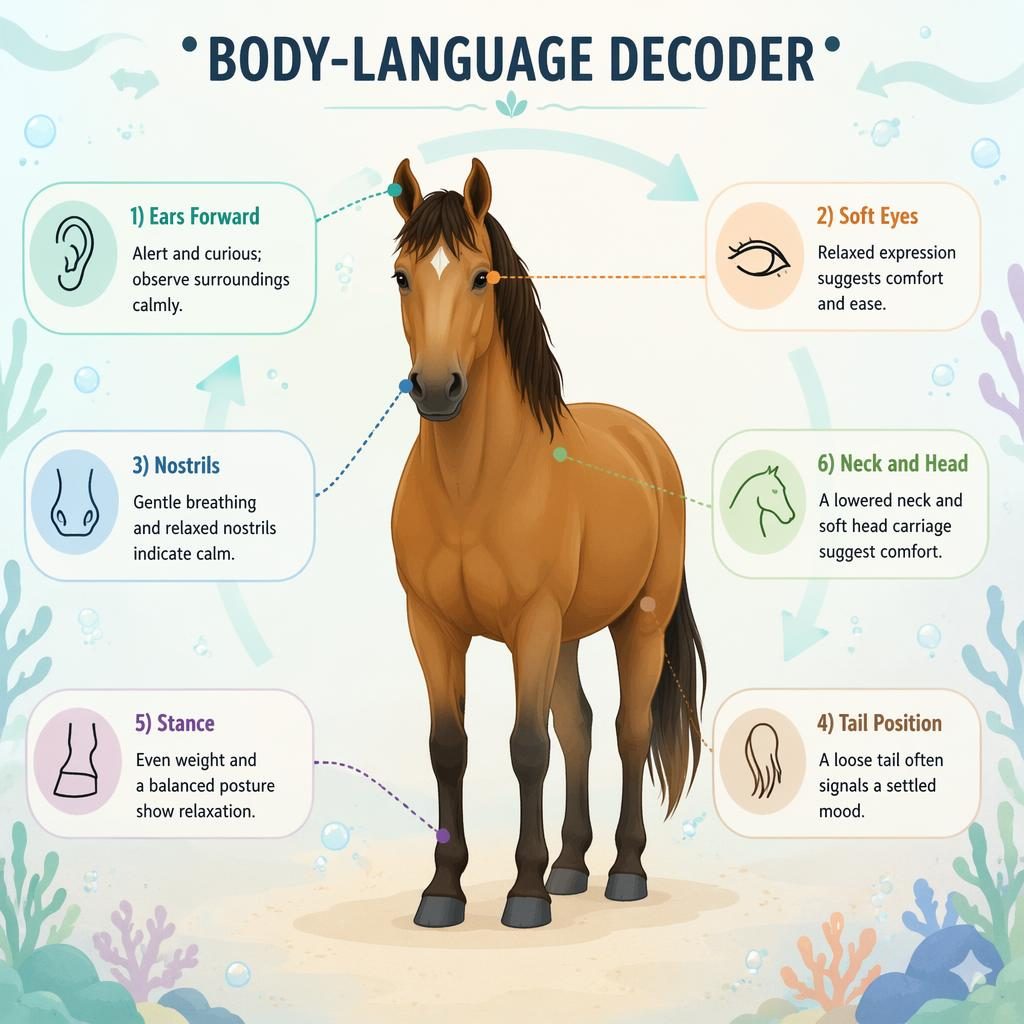 Flat pastel pet infographic with a centered horse and 6 labeled body-language callouts, plus abstract aquarium shapes.