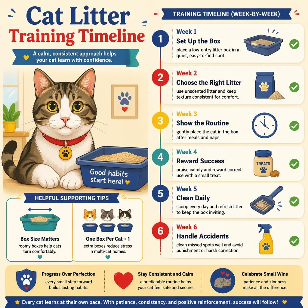 Vintage-style pet care infographic with a cat portrait and a 6-week litter training timeline, icons, and English tips.