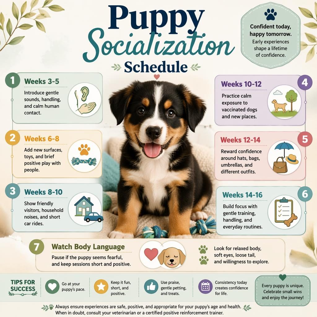 Pastel pet care infographic with a centered puppy portrait and 7 week-by-week socialization callouts with icons.