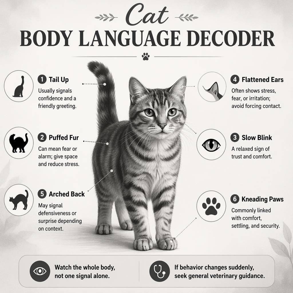 Monochrome cat body language infographic with 6 labeled callouts, icons, and 2 safety notes in a clean editorial layout.