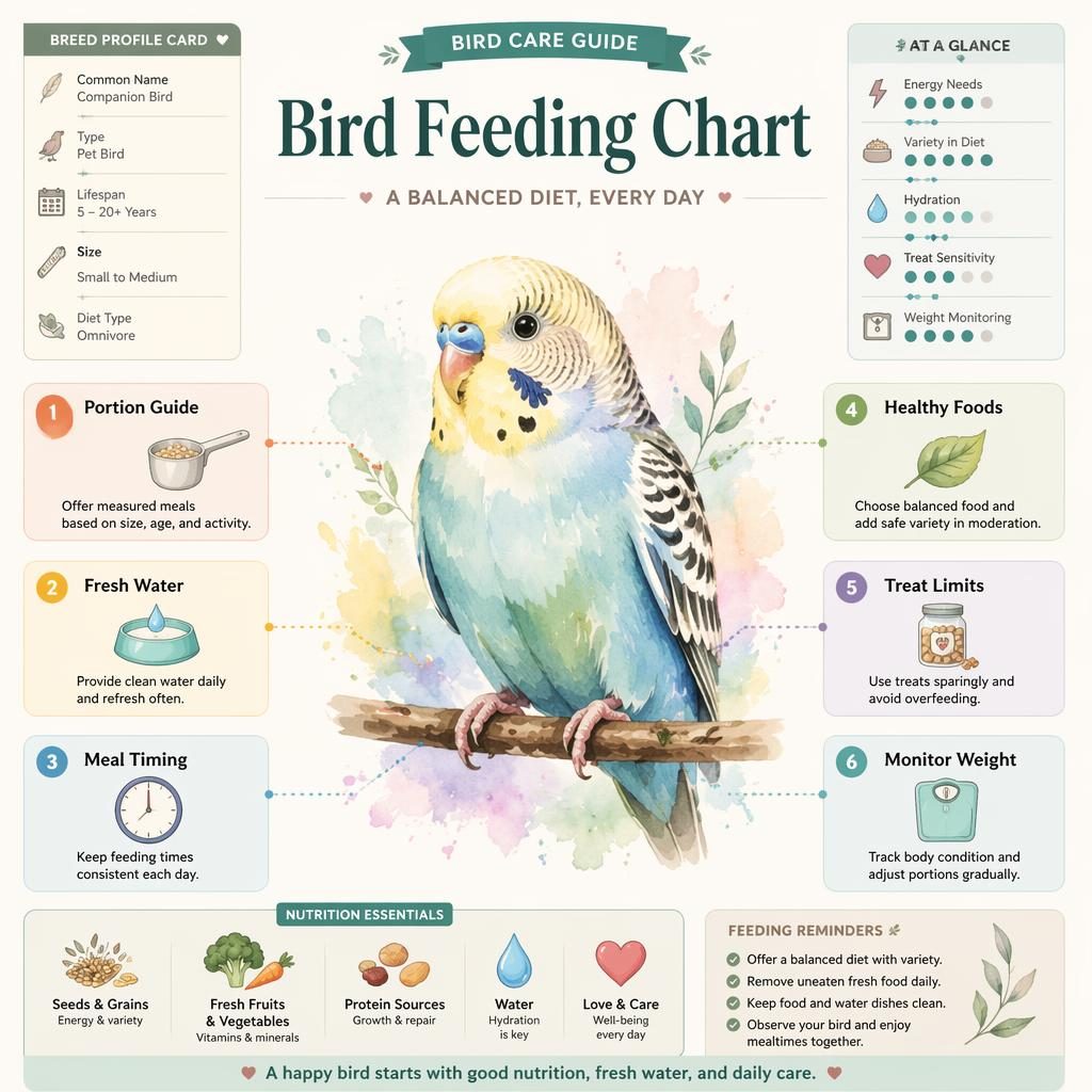 Editorial pet care infographic with a watercolor bird portrait, six feeding callouts, icons, and profile-card panels.