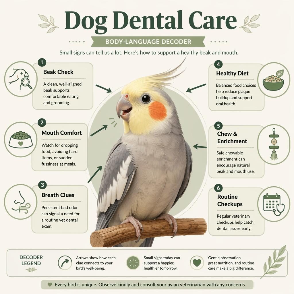 Editorial pet care infographic titled Dog Dental Care with a friendly bird portrait and 6 labeled oral health callouts.