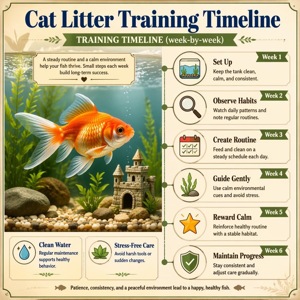 Vintage-style pet care infographic with a fish in a home aquarium and 6 week-by-week timeline callouts plus care icons.
