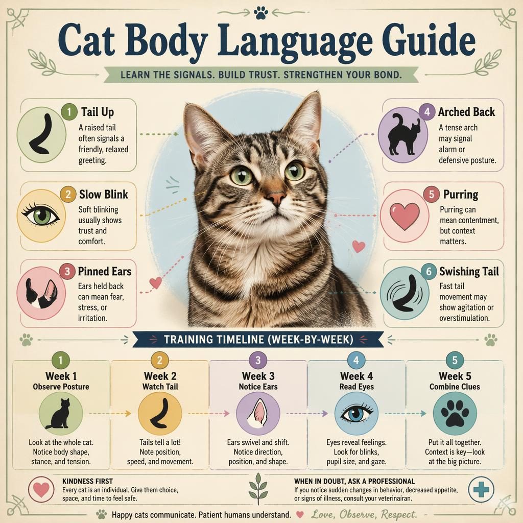 Vintage-style cat body language infographic with centered cat portrait, 6 labeled behavior callouts, and 5-week learning timeline.
